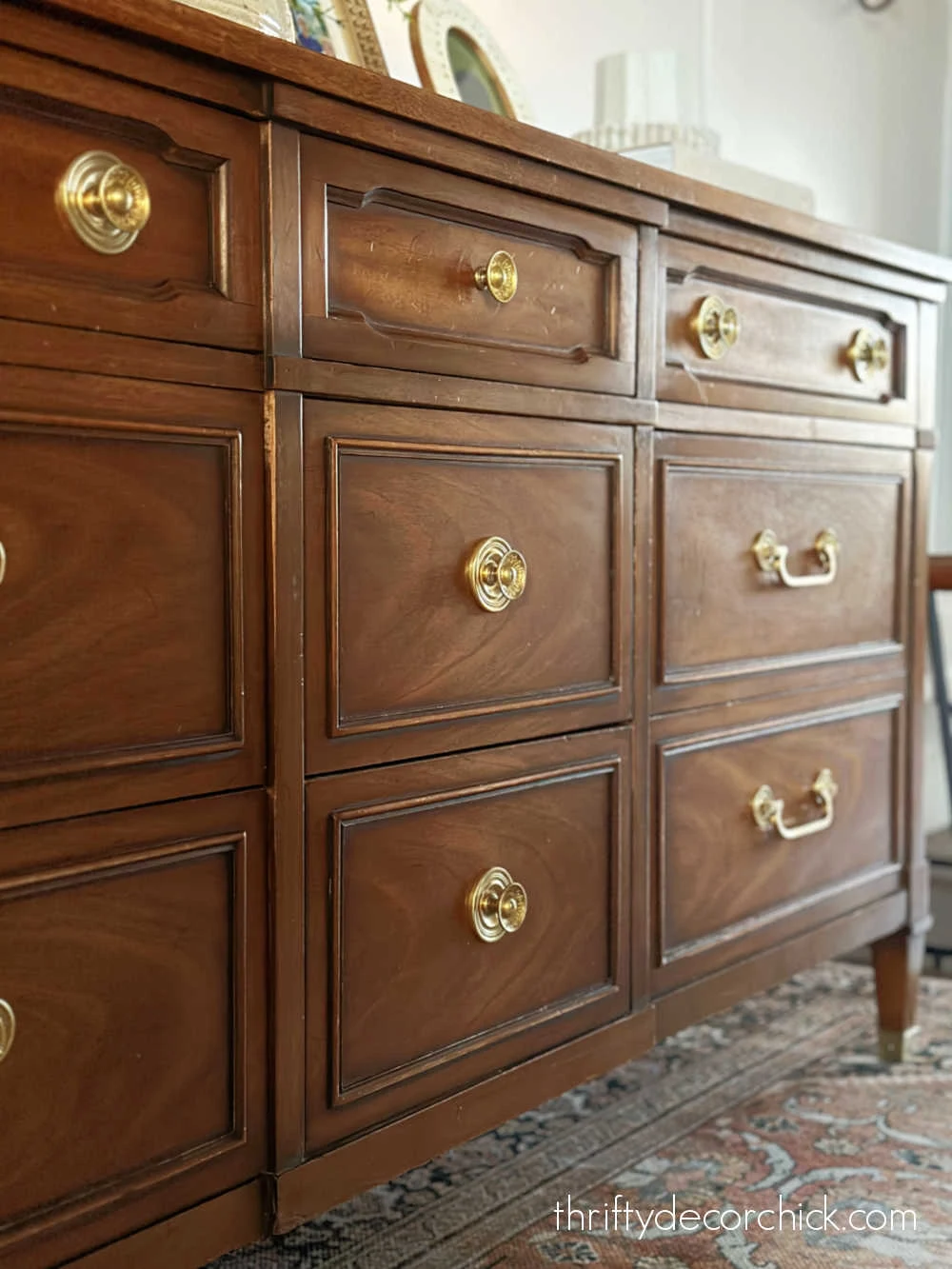 dark wood dresser brass hardware